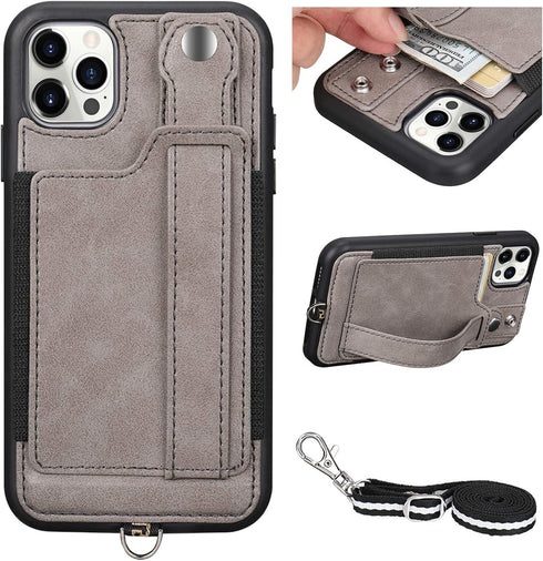 TOOVREN Wallet Case for iPhone 12 Pro Max Lanyard with Kickstand Leather Card Holder Adjustable Neck Strap, Phone Protective Back Cover for iPhone...
